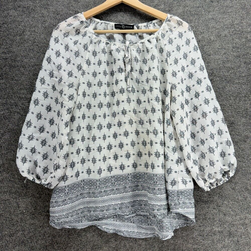 Fred David Blouse Women M Medium White Geometric Long Sleeve Tasseled Rayon